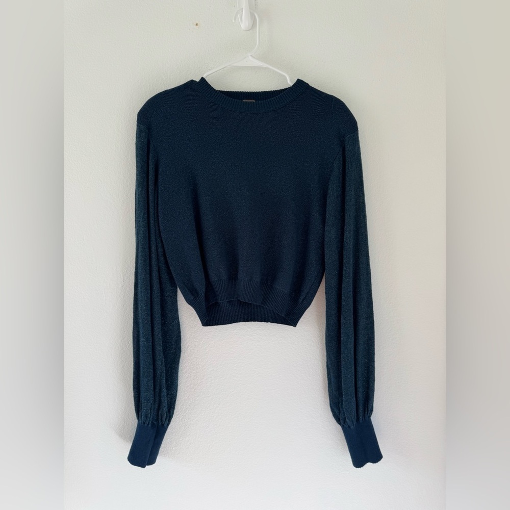 Free People Let It Shine Sweater Metallic Knit Cropped Balloon Sleeves Sz Small